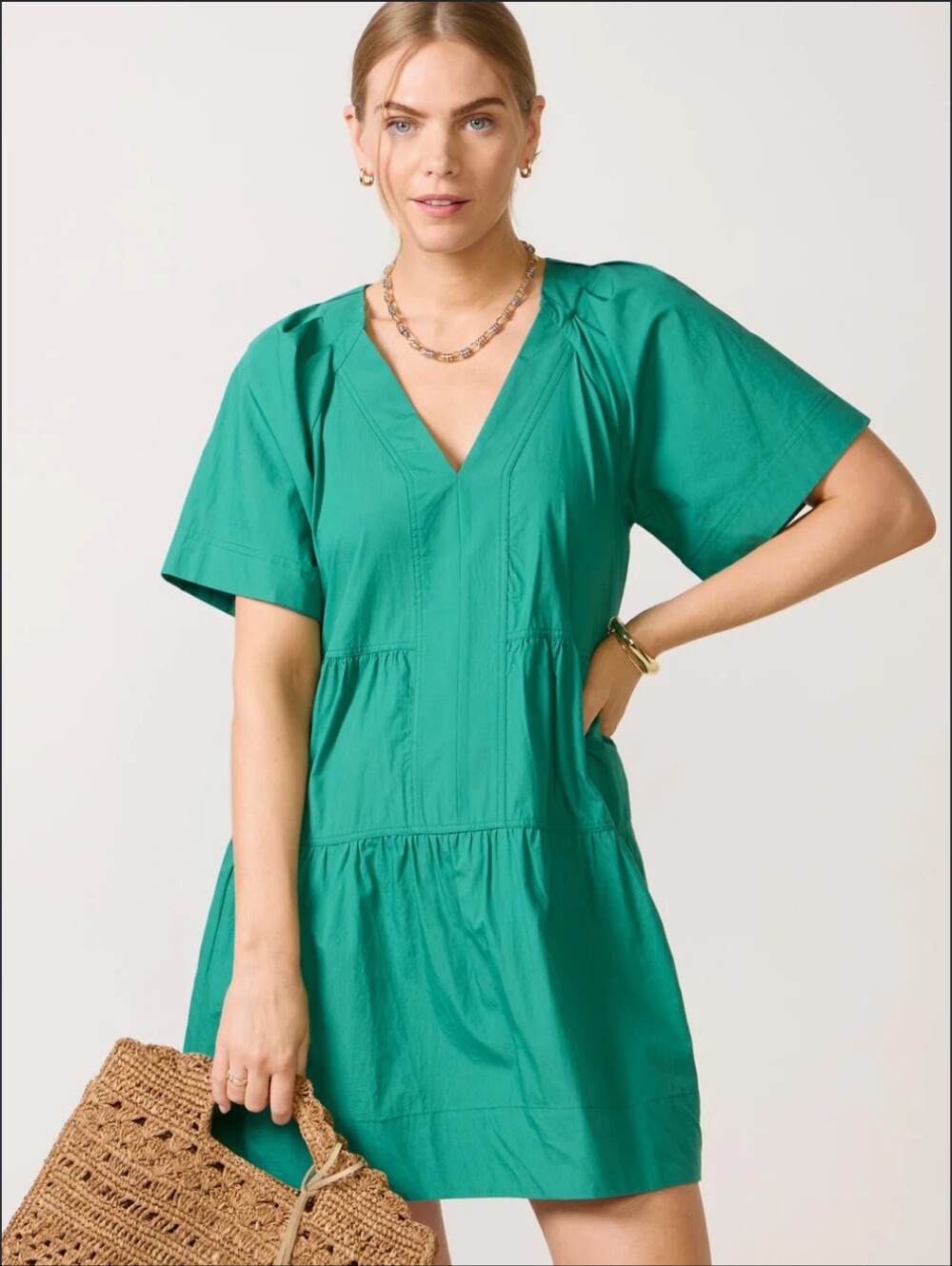 Evereve Emerald Green 100% Cotton V-Neck Tiered Midi Dress_XS